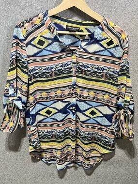 About A Girl Multicolor Geometric Button-Front Blouse - Blue/Yellow/Pink